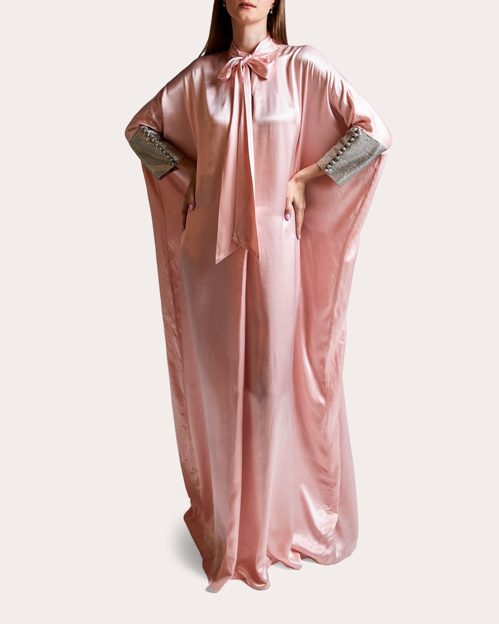 Rose Metallic-Trimmed Tie-Neck Satin Gown