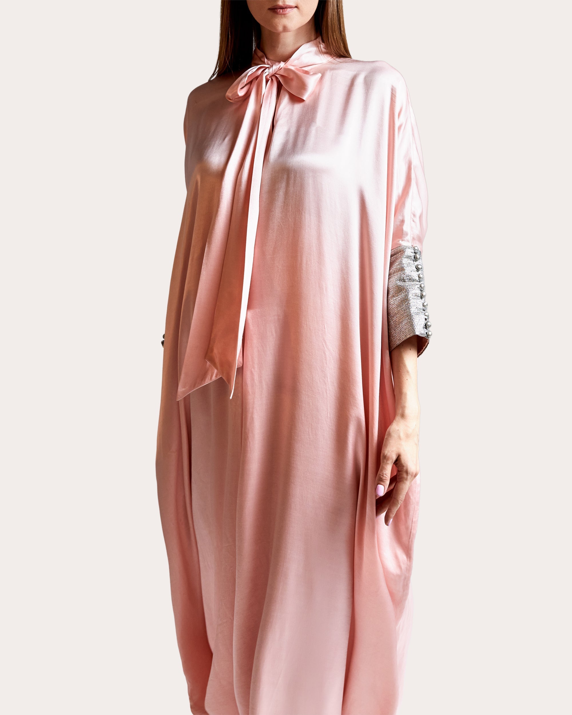 Rose Metallic-Trimmed Tie-Neck Satin Gown
