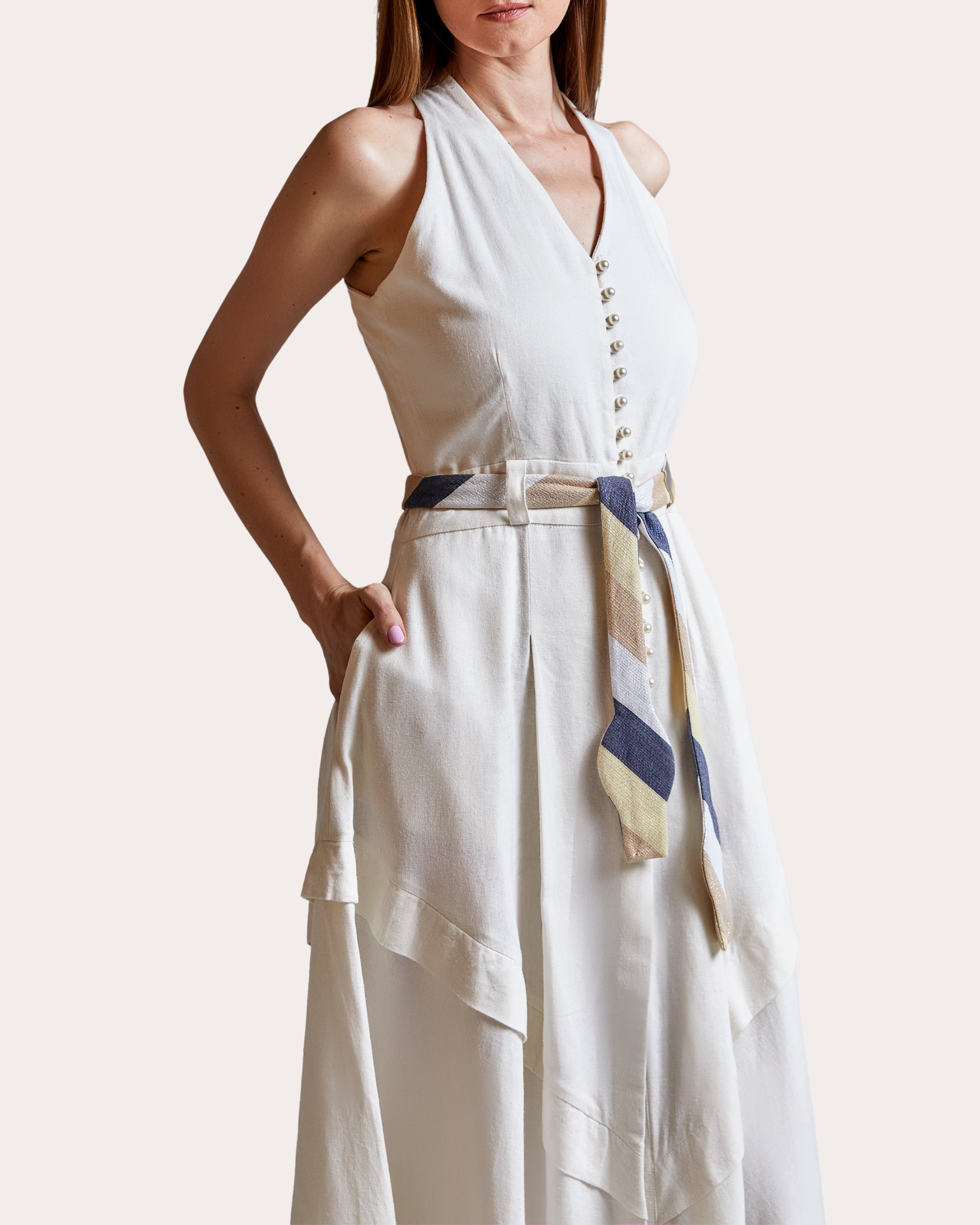 Riviera Belted Asymmetric Linen Midi Dress