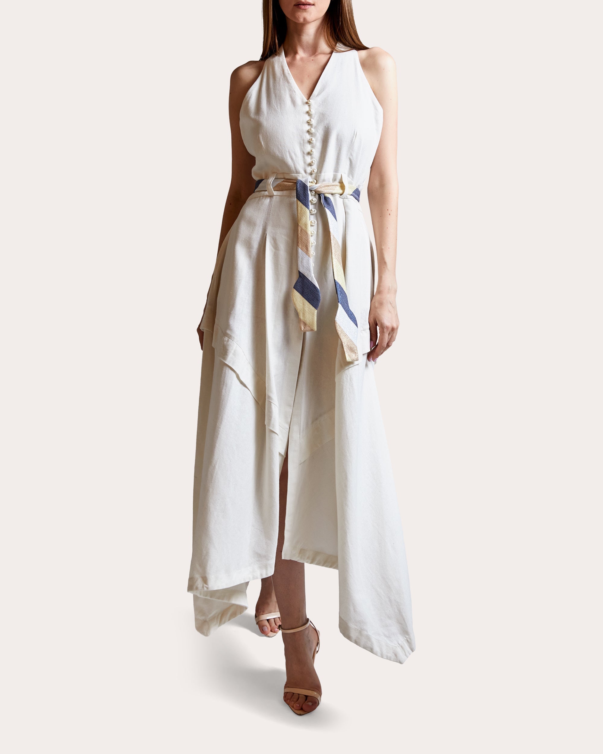 Riviera Belted Asymmetric Linen Midi Dress