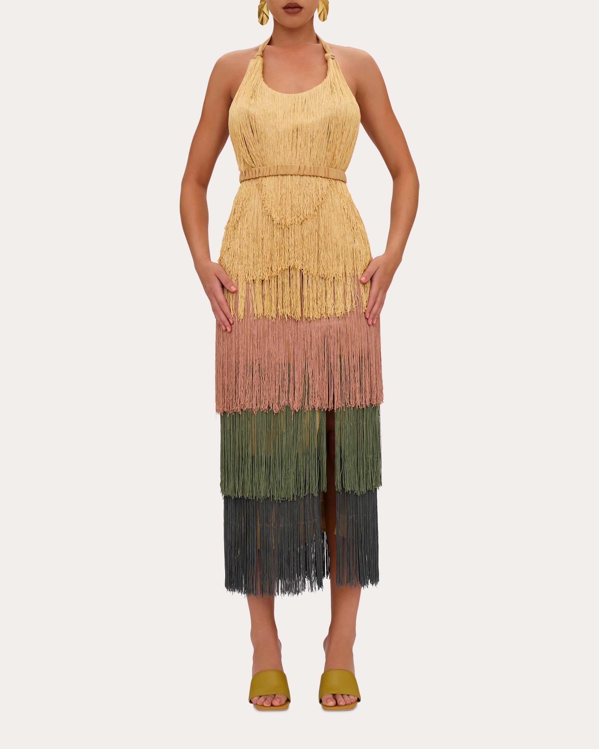 Neme Tiered Fringed Halterneck Midi Dress