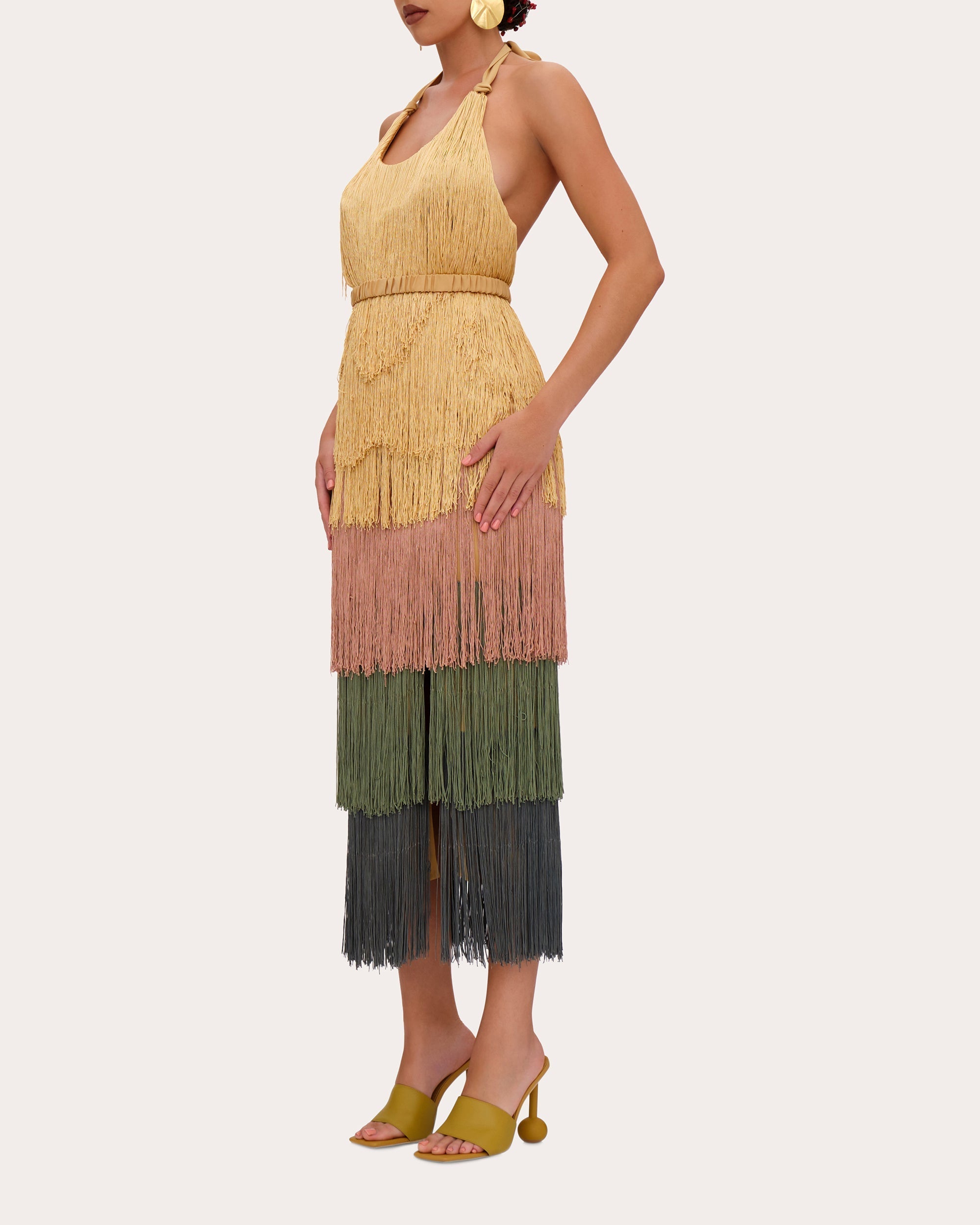 Neme Tiered Fringed Halterneck Midi Dress
