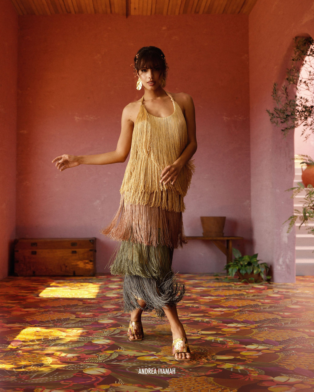 Neme Tiered Fringed Halterneck Midi Dress
