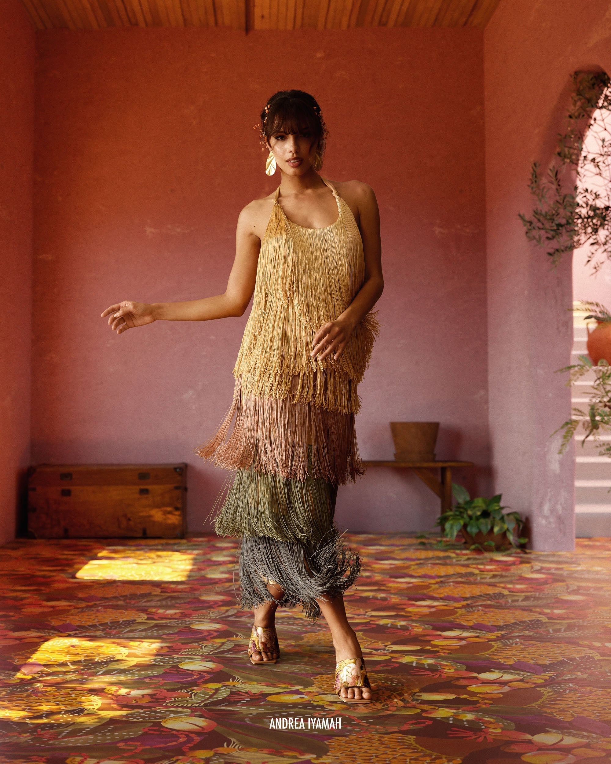 Neme Tiered Fringed Halterneck Midi Dress