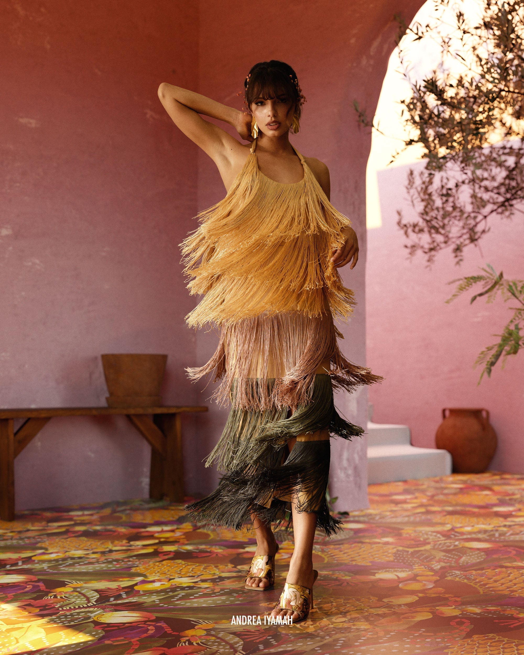 Neme Tiered Fringed Halterneck Midi Dress