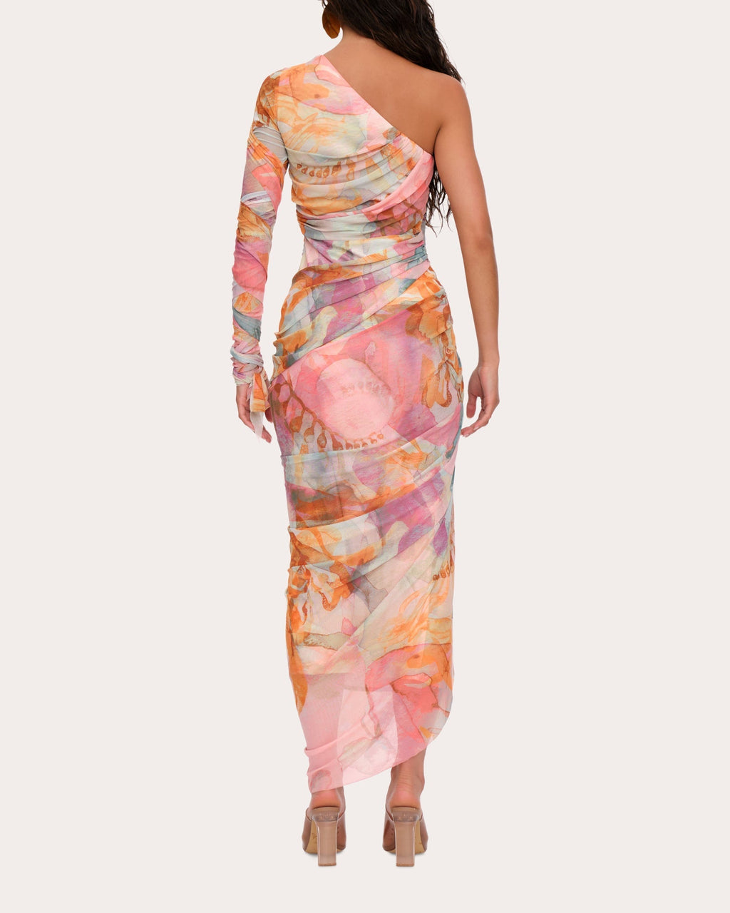 Turi Asymmetric Ruched Printed Mesh Midi Dress