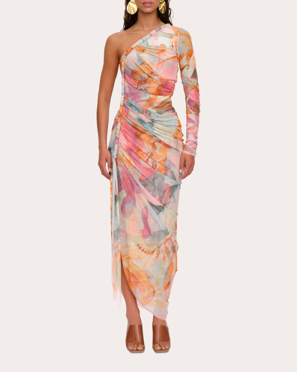 Turi Asymmetric Ruched Printed Mesh Midi Dress