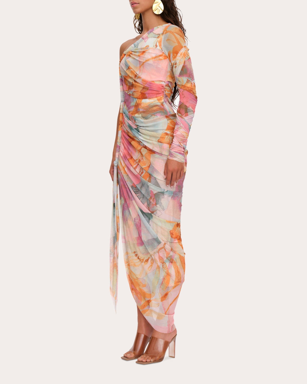 Turi Asymmetric Ruched Printed Mesh Midi Dress