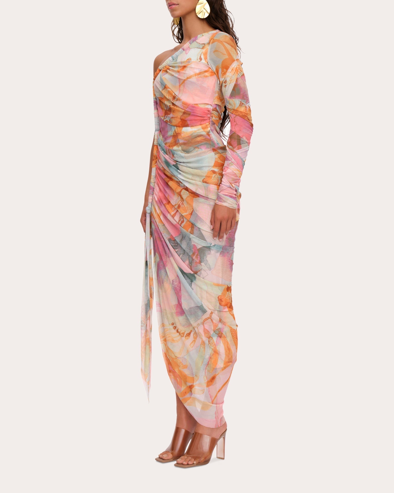 Turi Asymmetric Ruched Printed Mesh Midi Dress