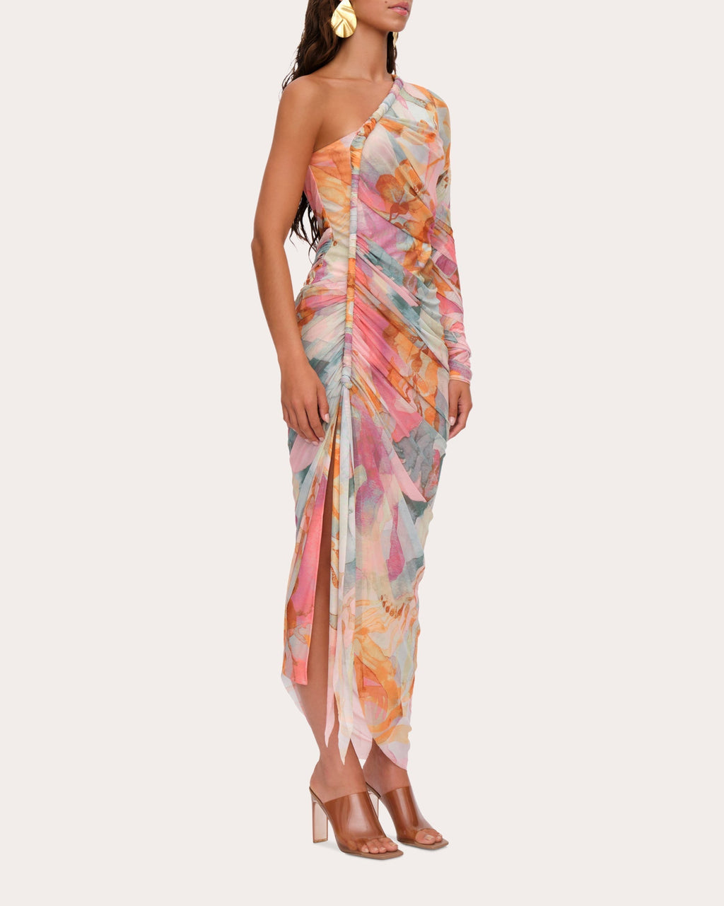 Turi Asymmetric Ruched Printed Mesh Midi Dress