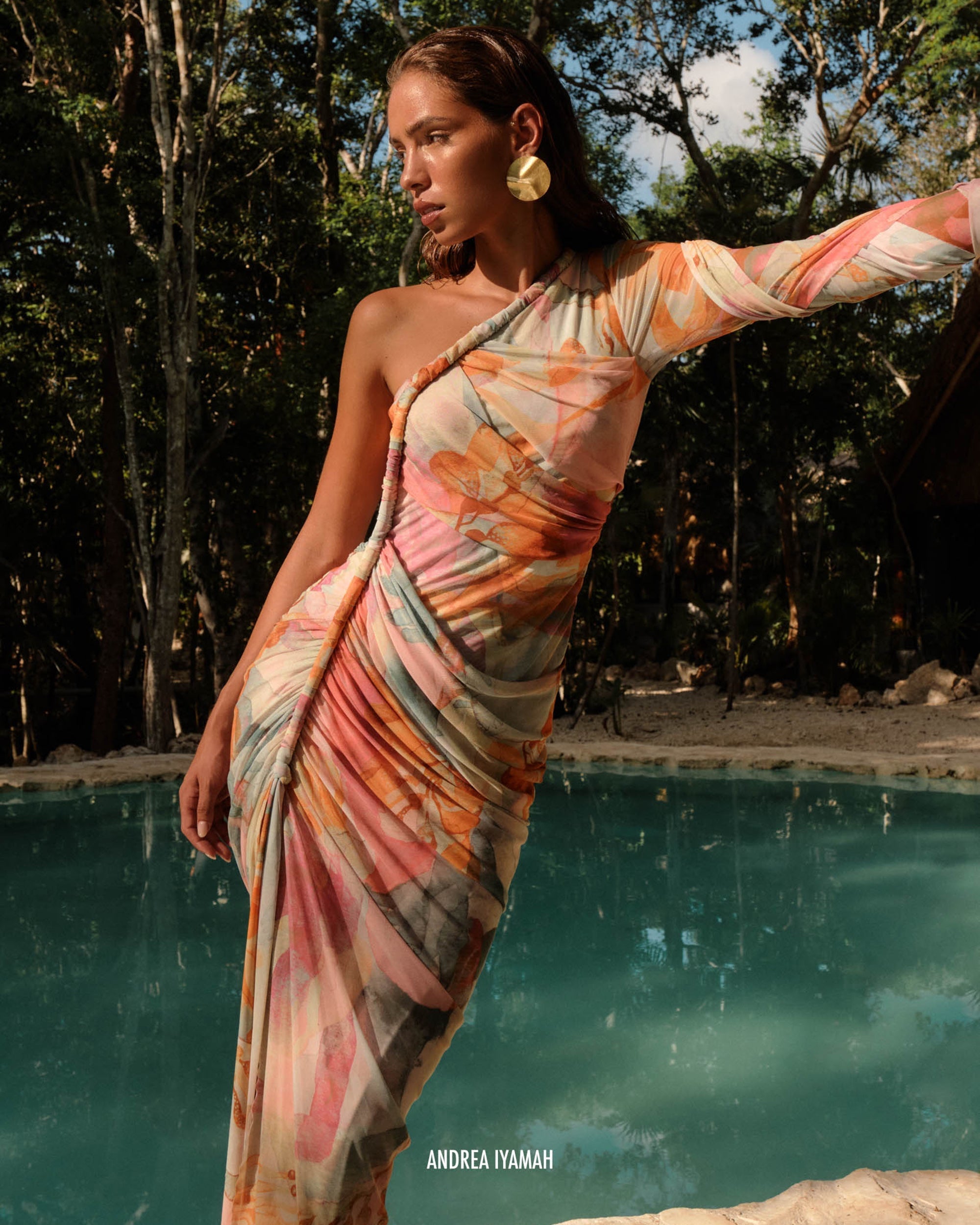 Turi Asymmetric Ruched Printed Mesh Midi Dress