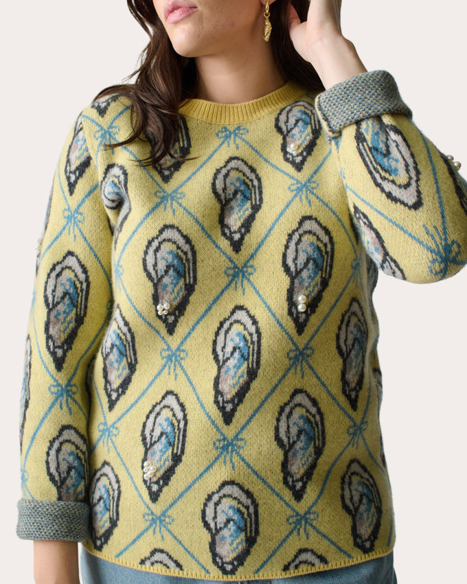 Oyster Embellished Jacquard-Knit Wool Sweater
