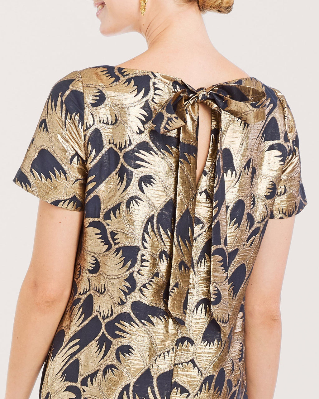 Adria Tie-Back Metallic Jacquard Midi Dress