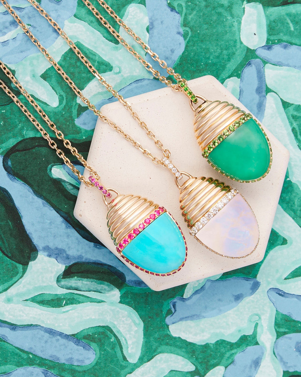 Found Cap Large 14K Gold Turquoise and Pink Sapphire Pendant Necklace