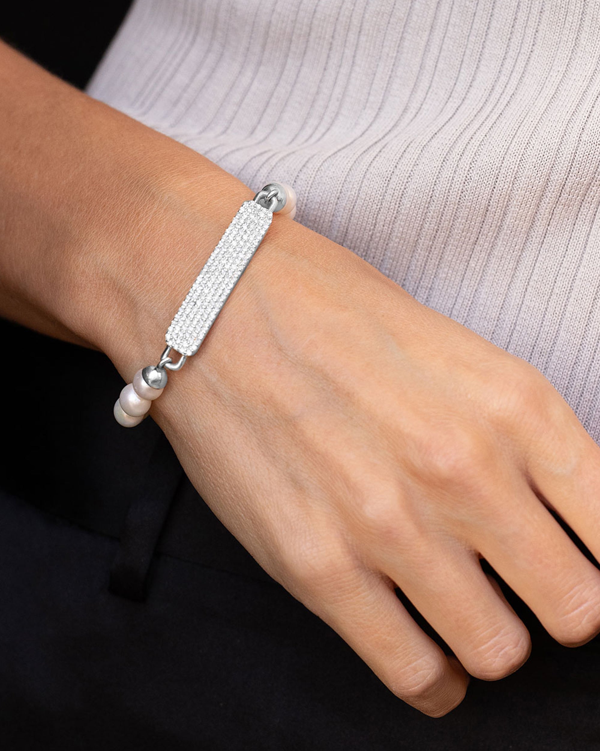 Sterling Silver Pearl and Diamond Pavé ID Bracelet