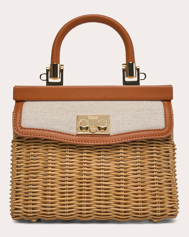 Mini Paris Leather and Linen Trimmed Wicker Tote