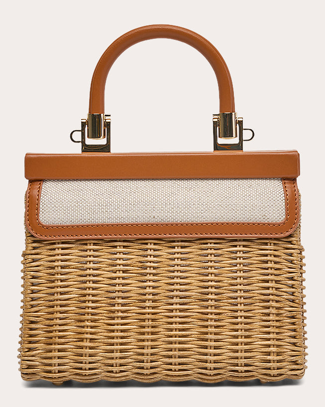 Mini Paris Leather and Linen Trimmed Wicker Tote