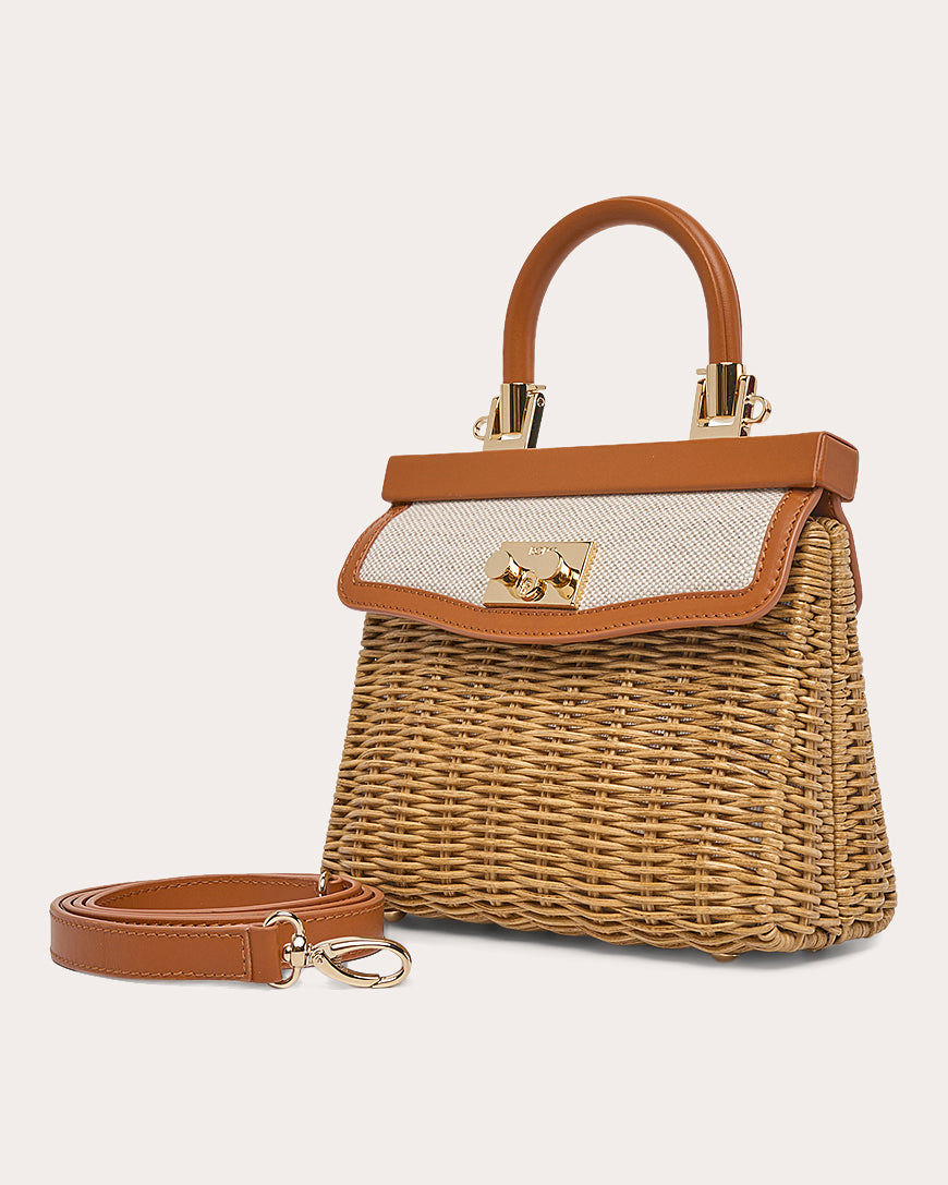 Mini Paris Leather and Linen Trimmed Wicker Tote
