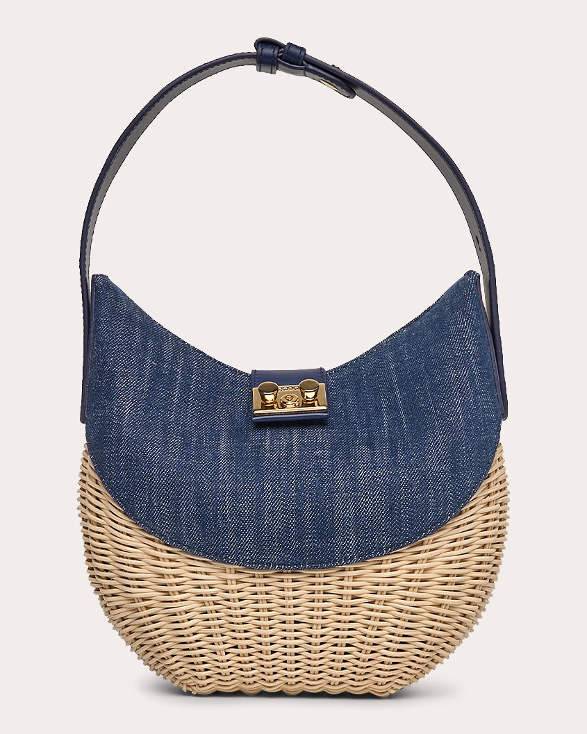 Laurelle Willow Denim Trimmed Wicker Shoulder Bag