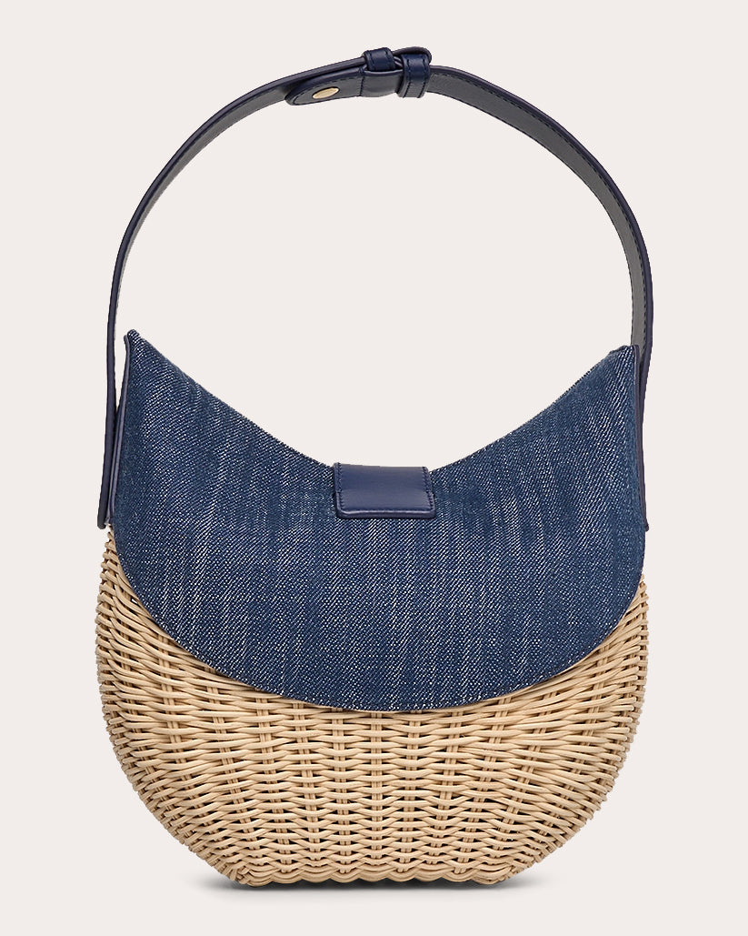 Laurelle Willow Denim Trimmed Wicker Shoulder Bag