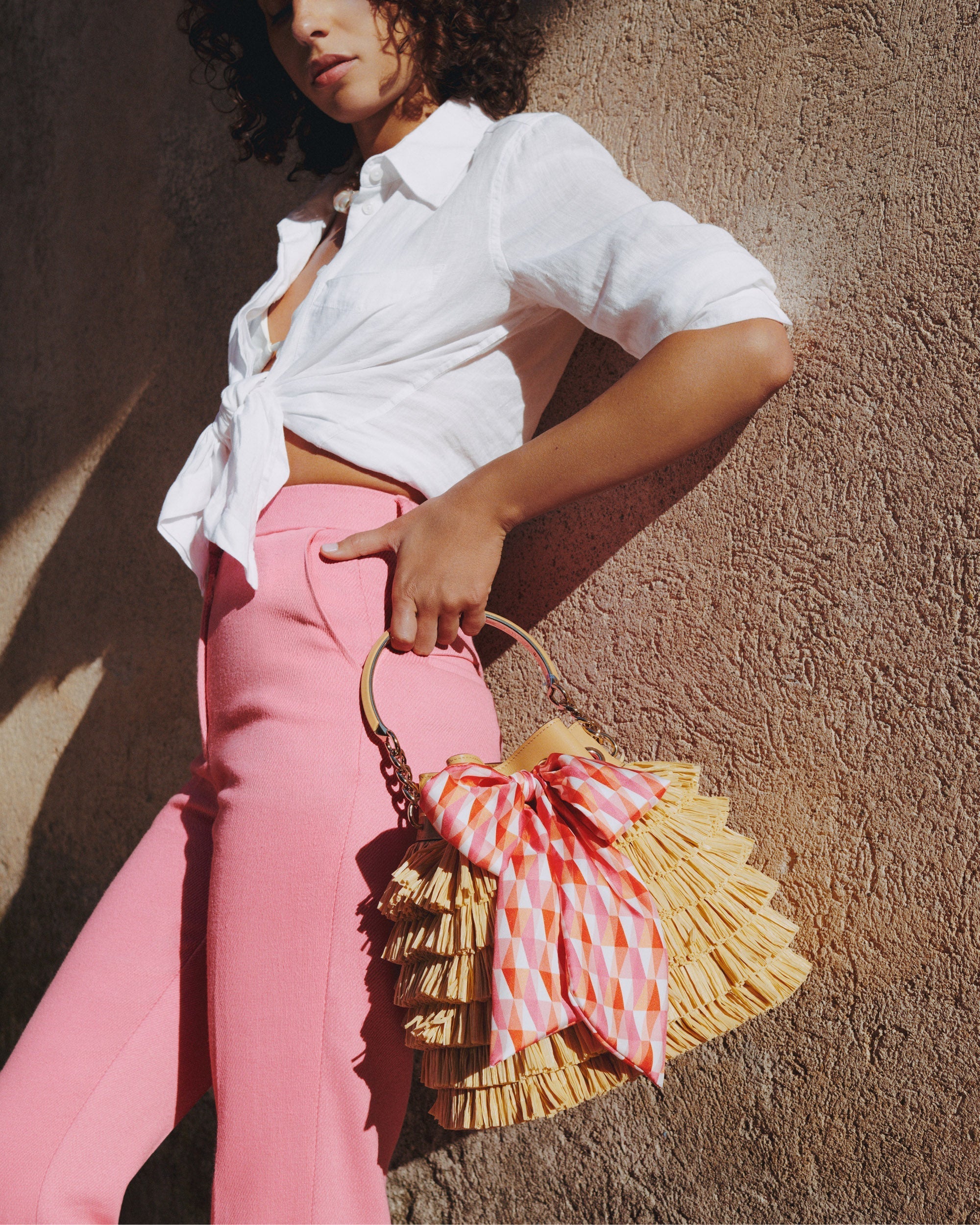 Bon Bon Bow-Detail Fringed Raffia Bucket Bag