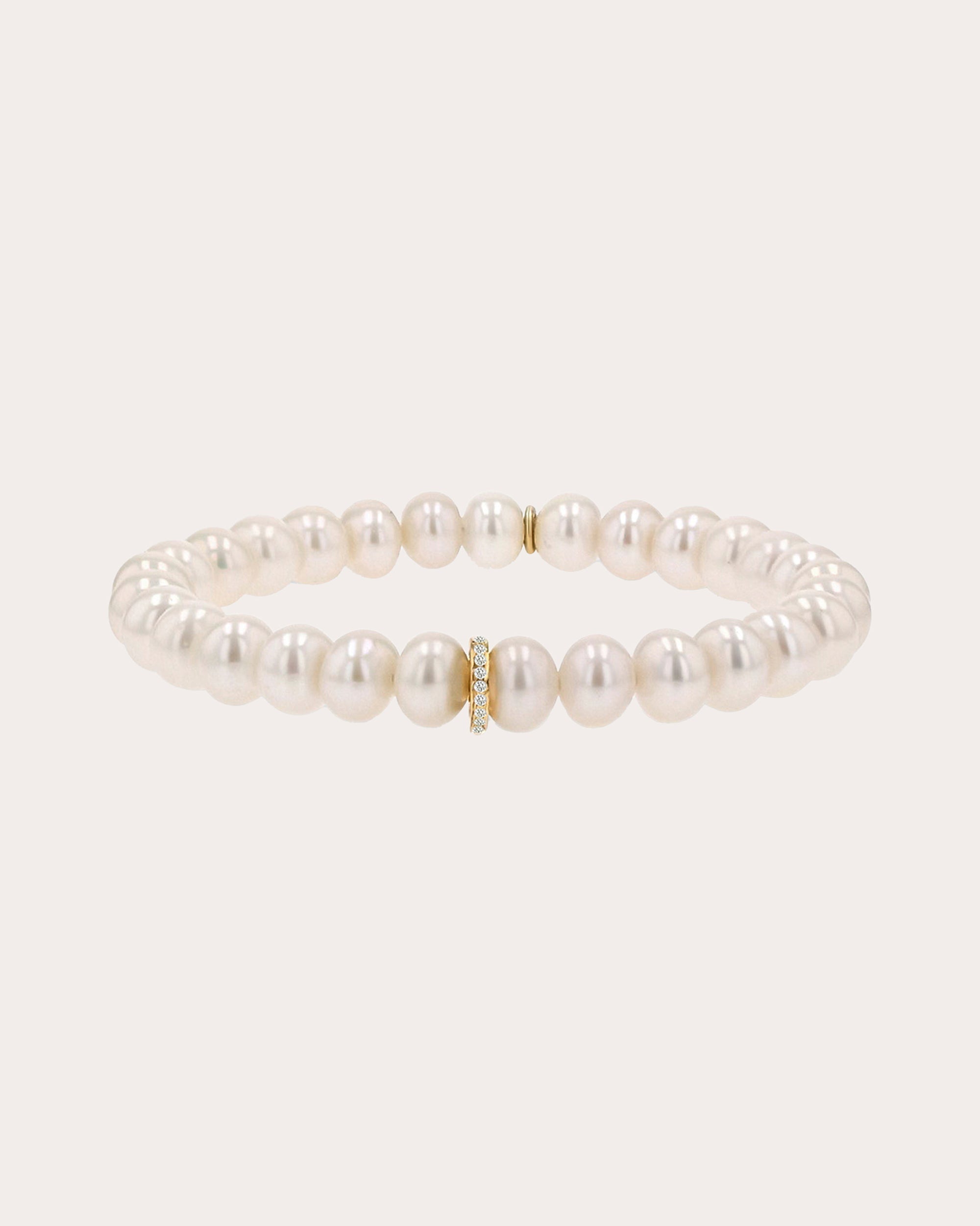14K Gold Pearl and Diamond Rondelle Bead Bracelet