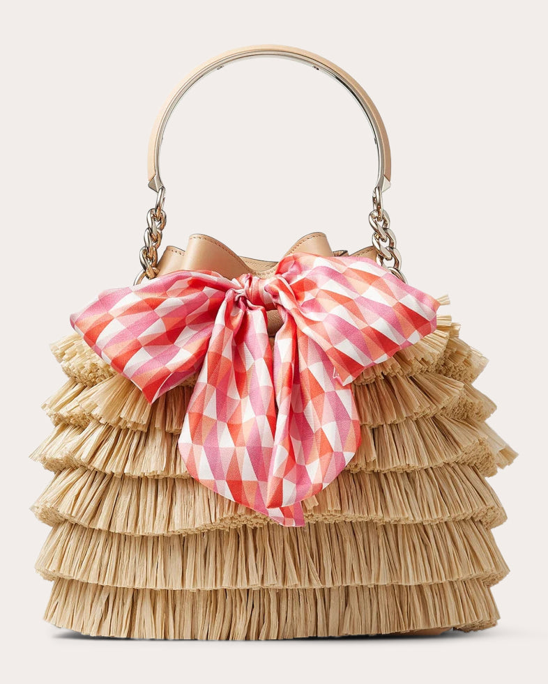 Bon Bon Bow-Detail Fringed Raffia Bucket Bag