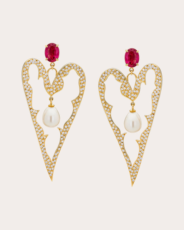 Heart on Fire 18K Gold Pearl Rubellite and Diamond Earrings