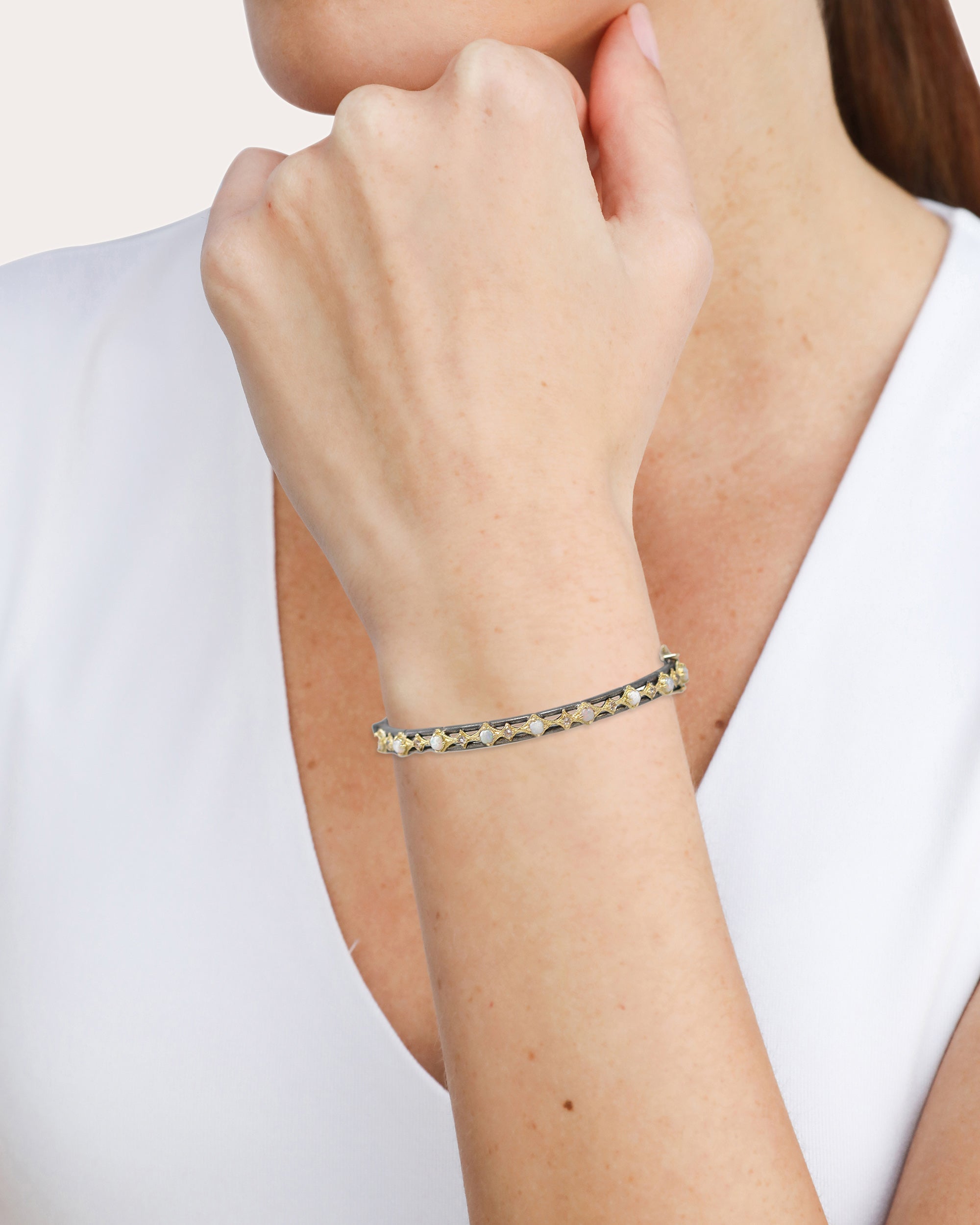 18K Gold Blackened Sterling Silver Opal and Morganite Bangle
