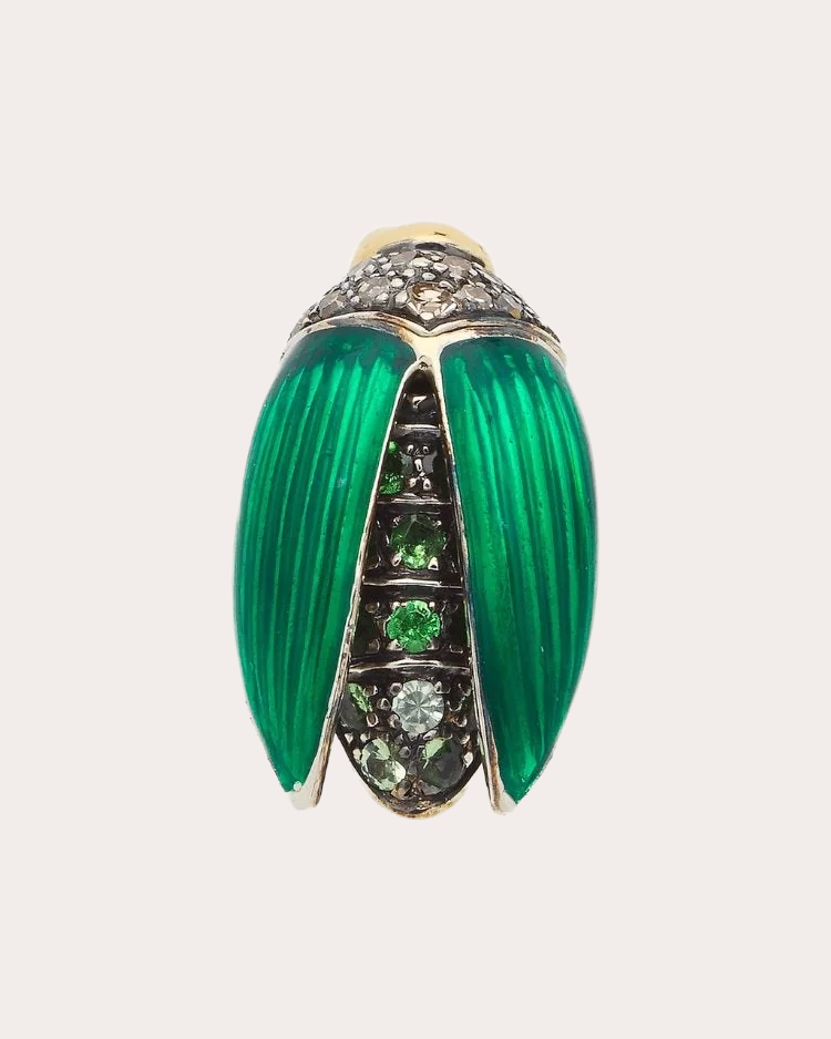 Mini Scarab 18K Gold Silver Enamel and Diamond Single Earring