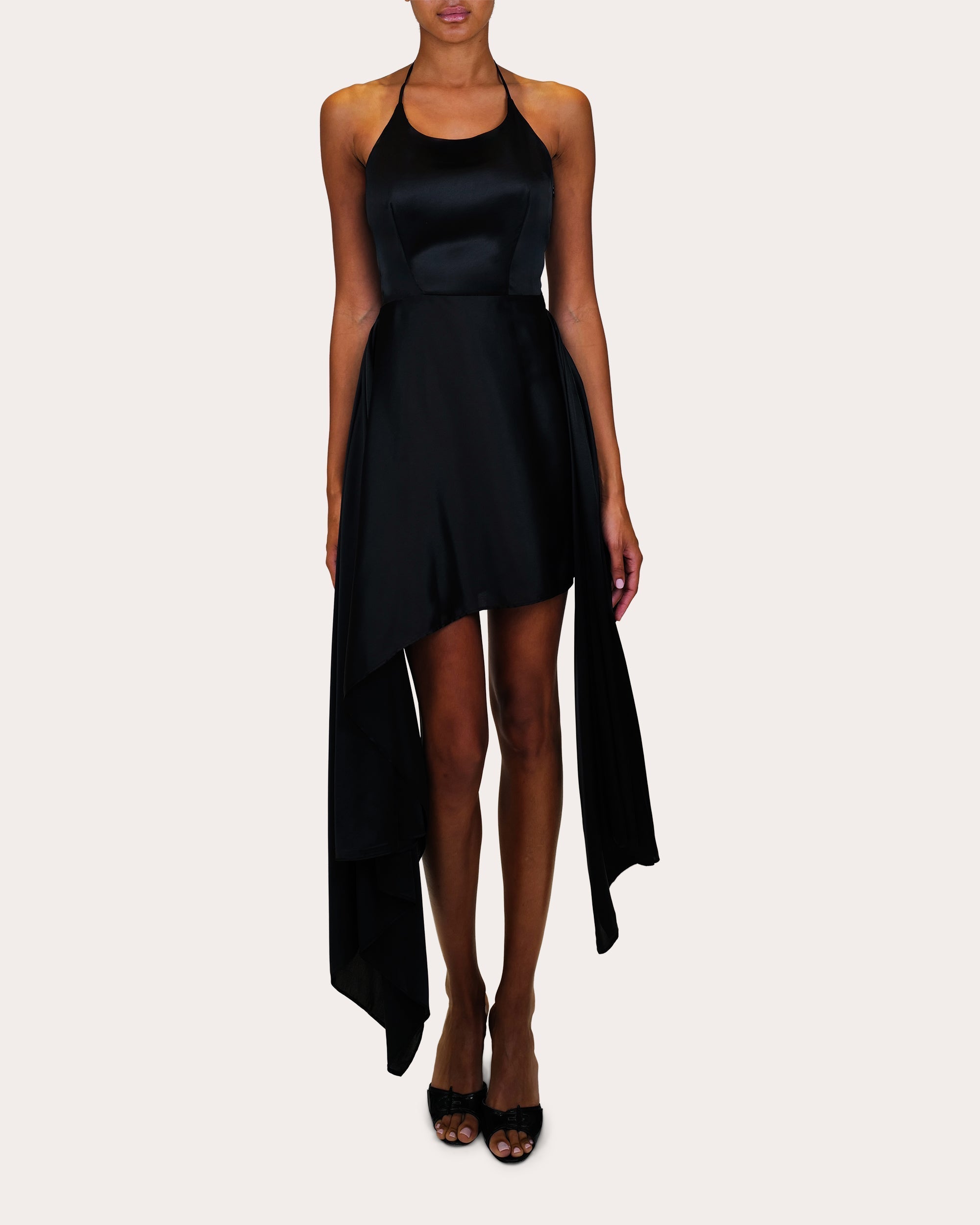 Pooja Asymmetric Satin Halterneck Mini Dress