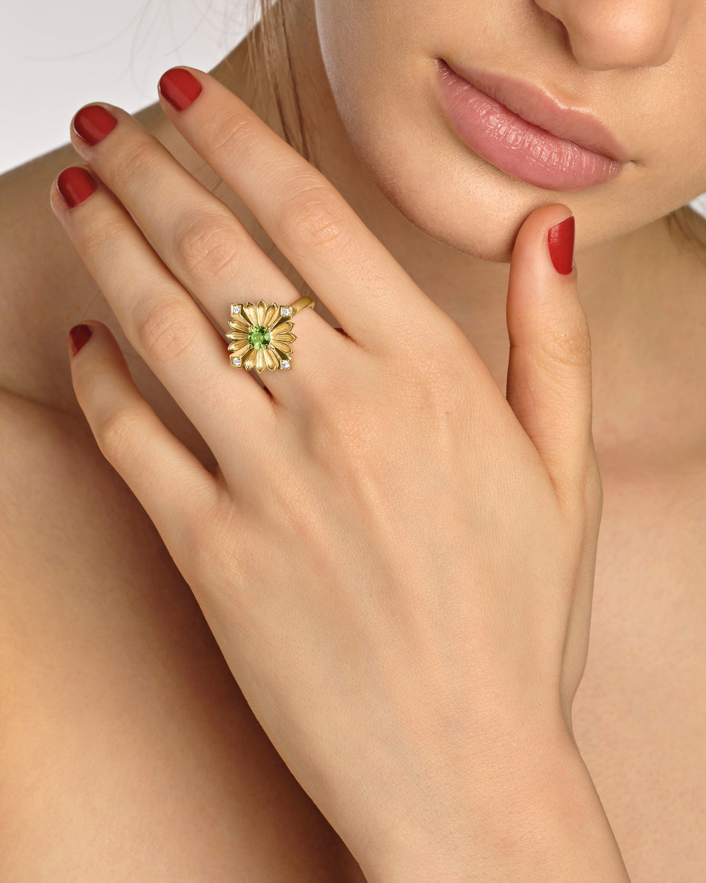 Large Stamp 18K Gold Peridot and Diamond Ring