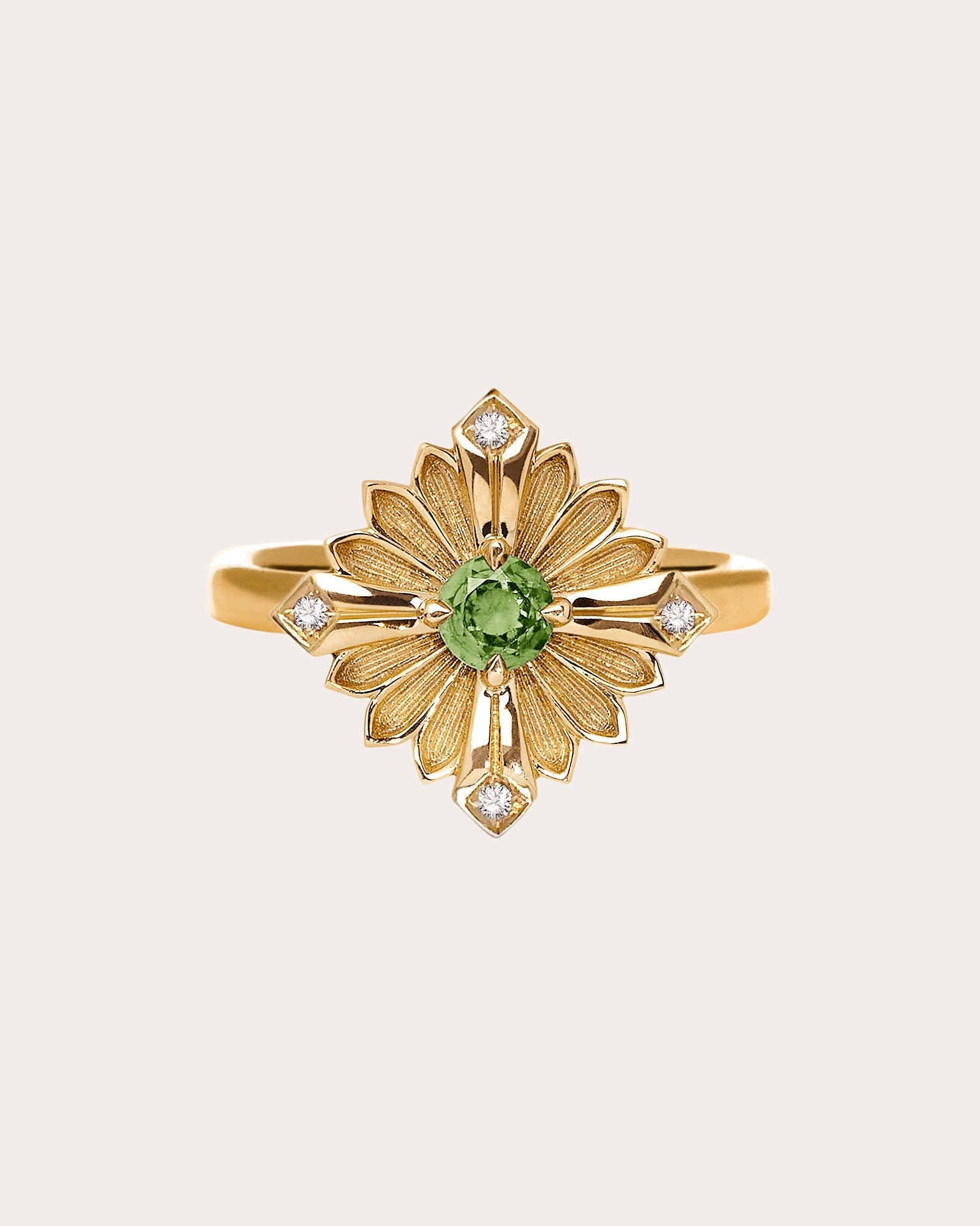 Large Stamp 18K Gold Peridot and Diamond Ring