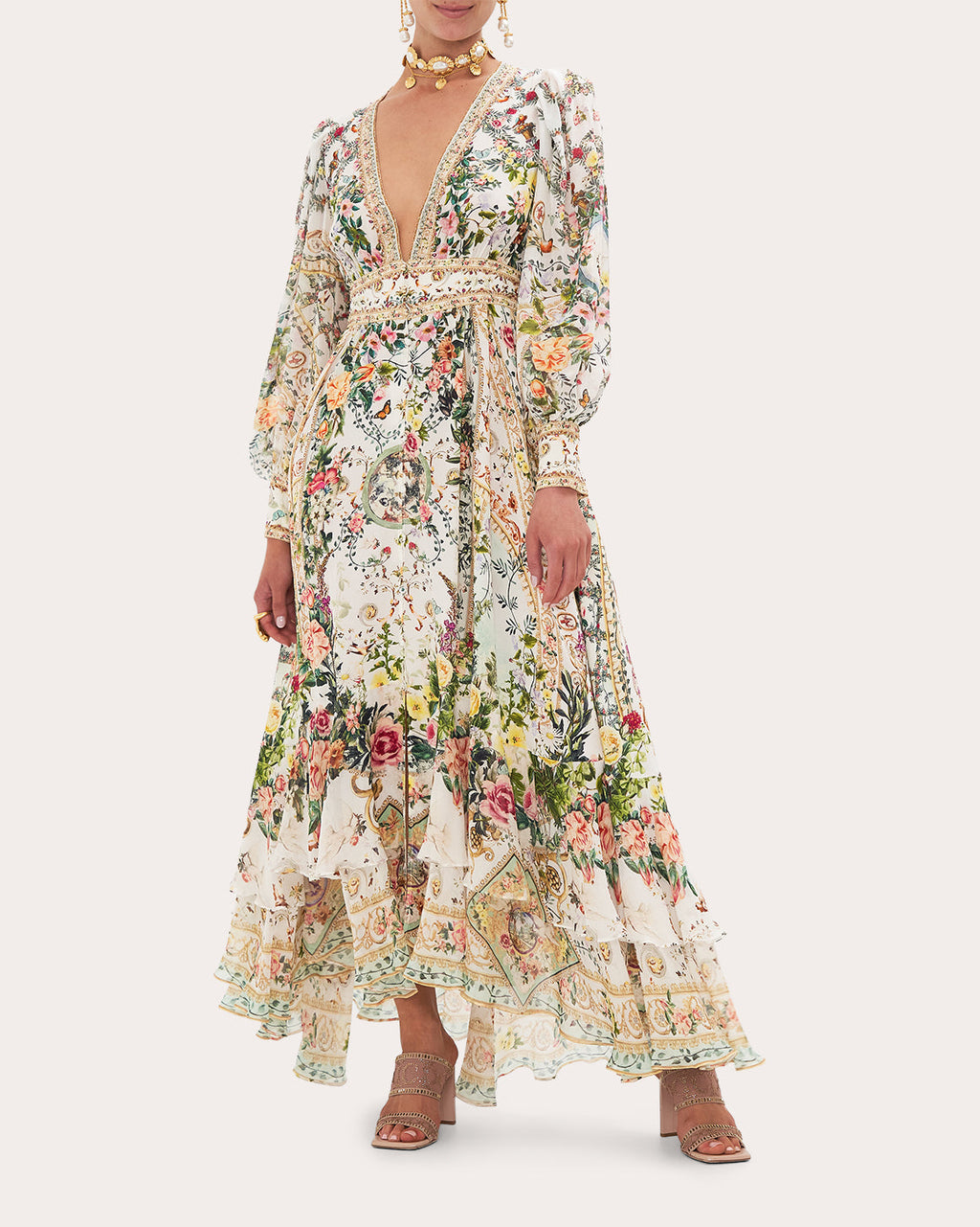 Tiered Crystal-Embellished Printed Silk-Crepe Maxi Dress