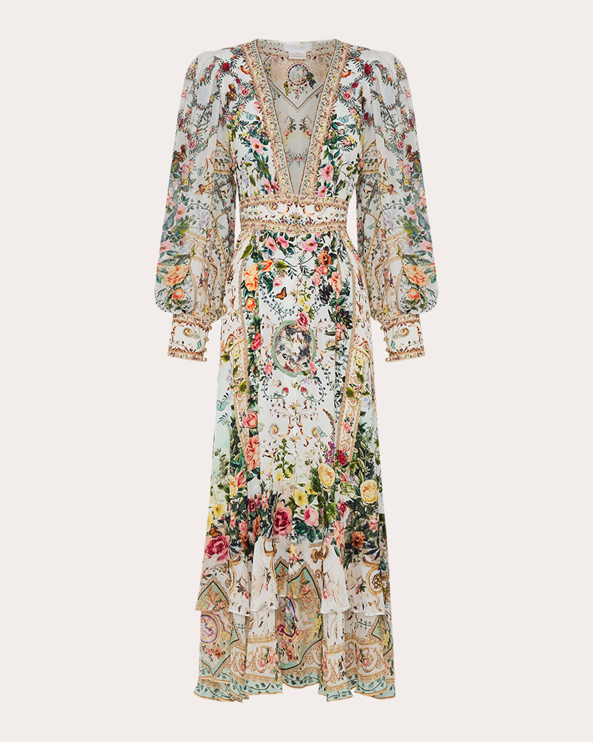 Tiered Crystal-Embellished Printed Silk-Crepe Maxi Dress