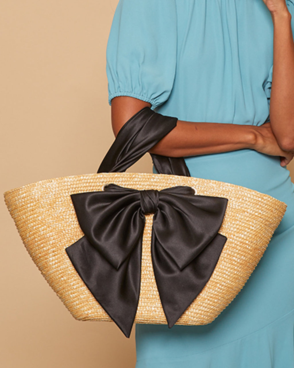 Carlotta Bow-Embellished Satin and Straw Tote