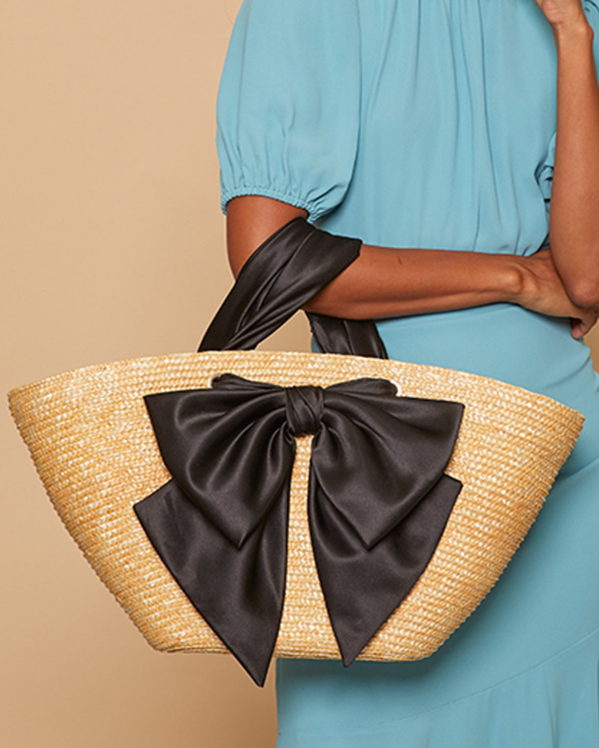 Carlotta Bow-Embellished Satin and Straw Tote