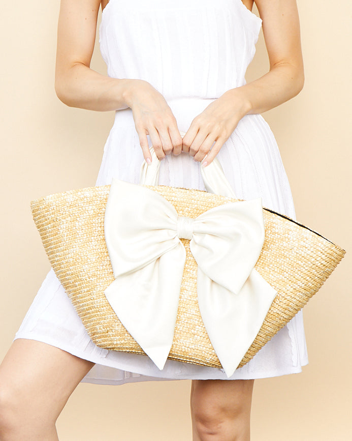 Carlotta Bow-Embellished Satin and Straw Tote
