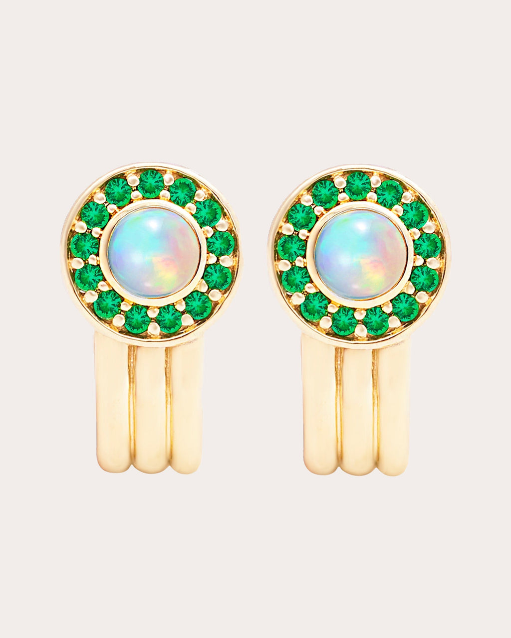 Found 14K Gold Opal and Tsavorite Cabochon Huggie Earrings