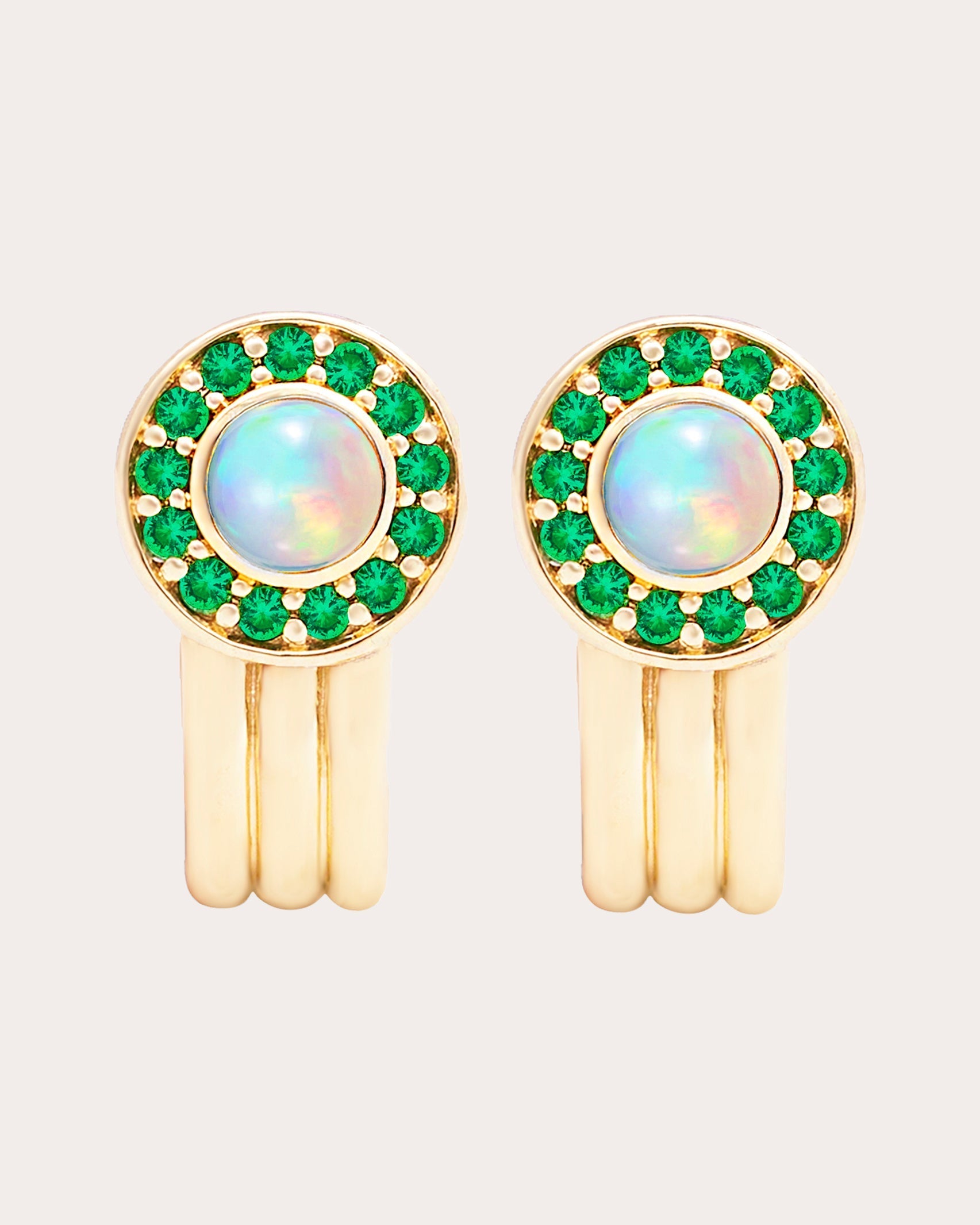 Found 14K Gold Opal and Tsavorite Cabochon Huggie Earrings