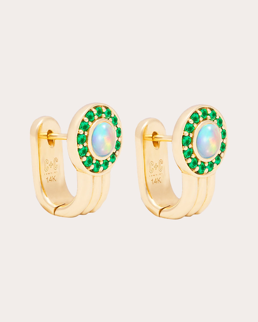 Found 14K Gold Opal and Tsavorite Cabochon Huggie Earrings