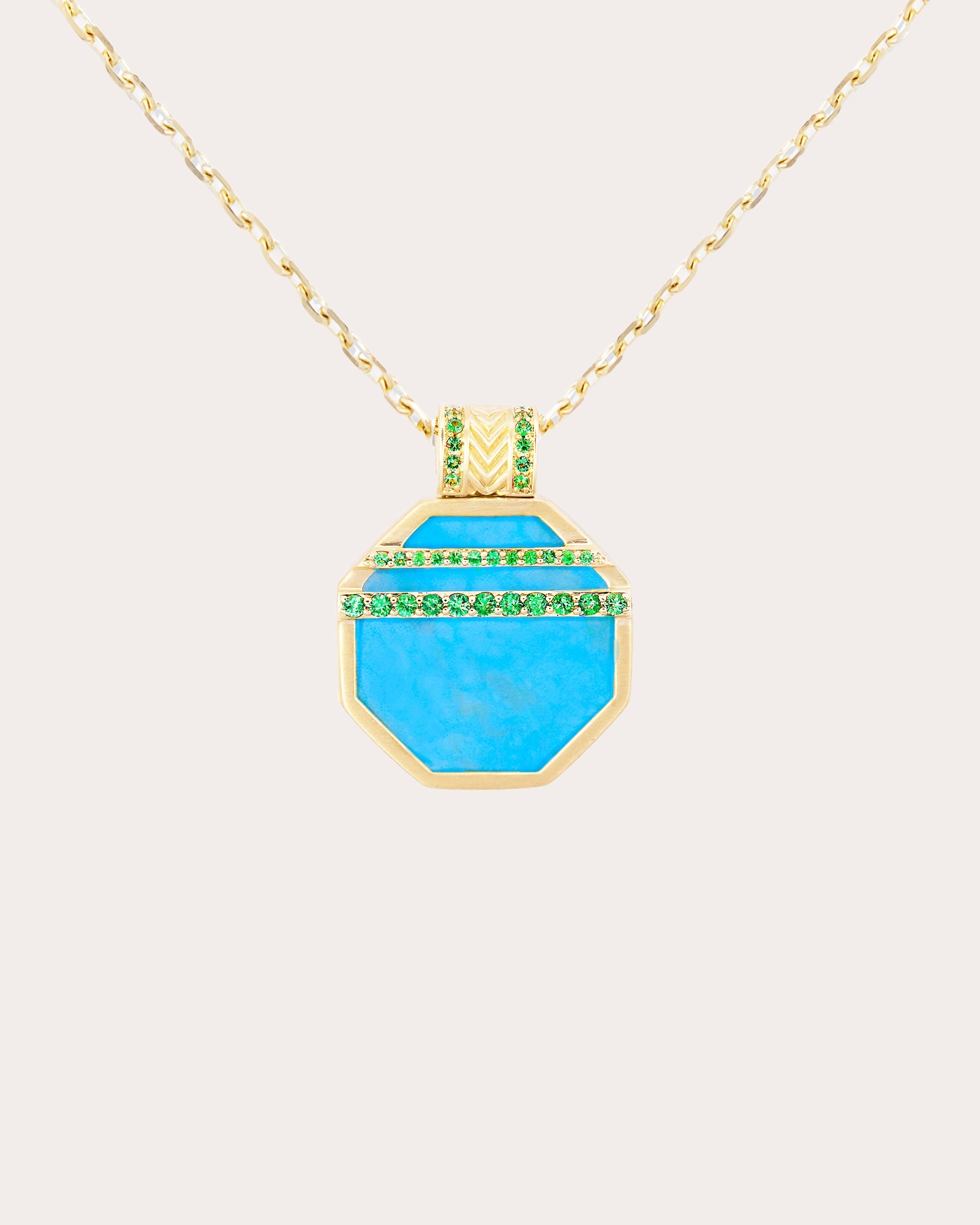 Spark 14K Gold Turquoise and Emerald Octagon Pendant Necklace