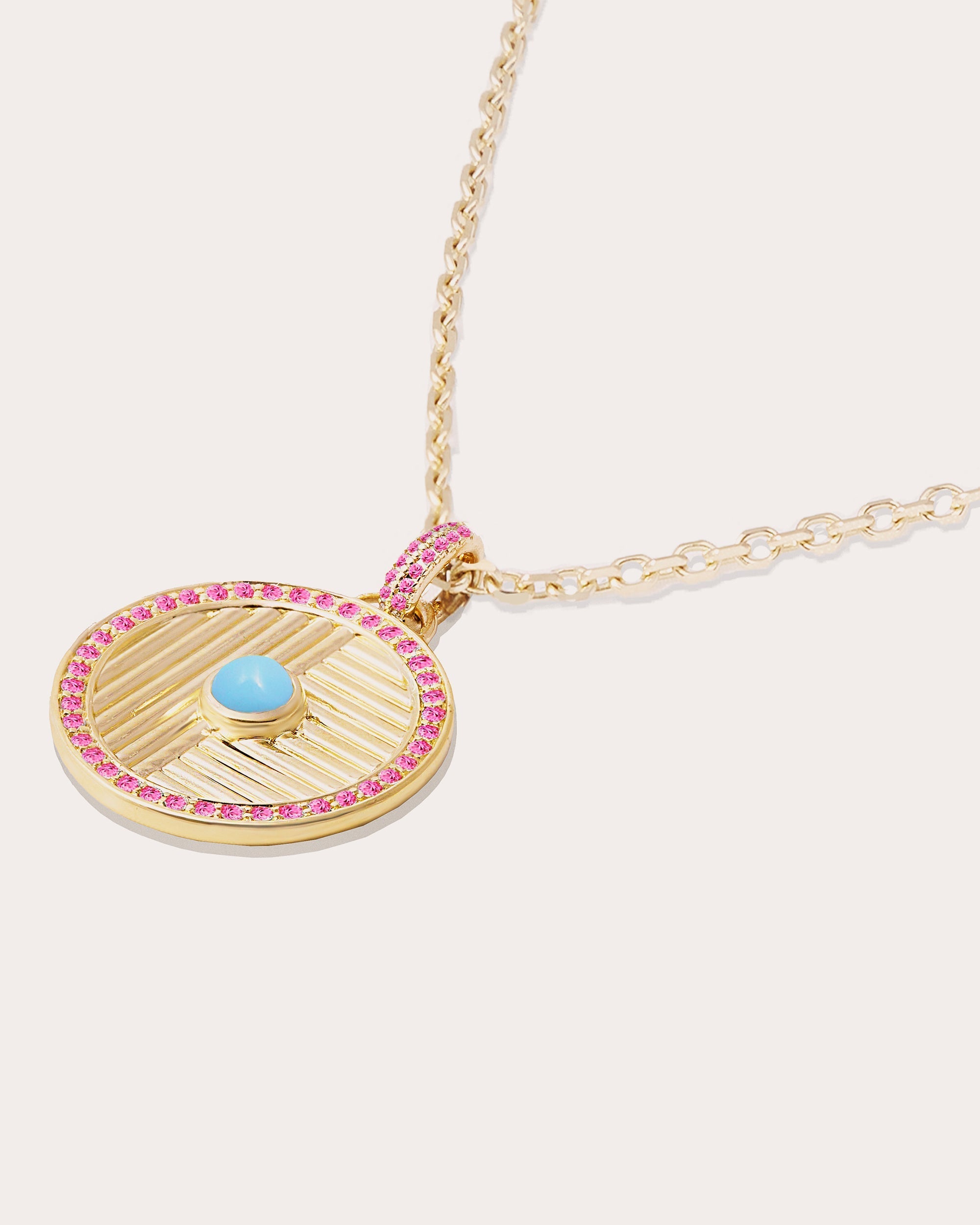 Found Large 14K Gold Turquoise and Pink Sapphire Disk Pendant Necklace