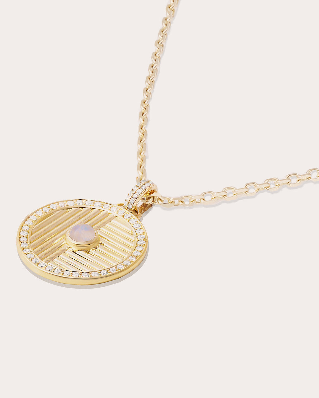 Found Large 14K Gold Moonstone and Diamond Disk Pendant Necklace