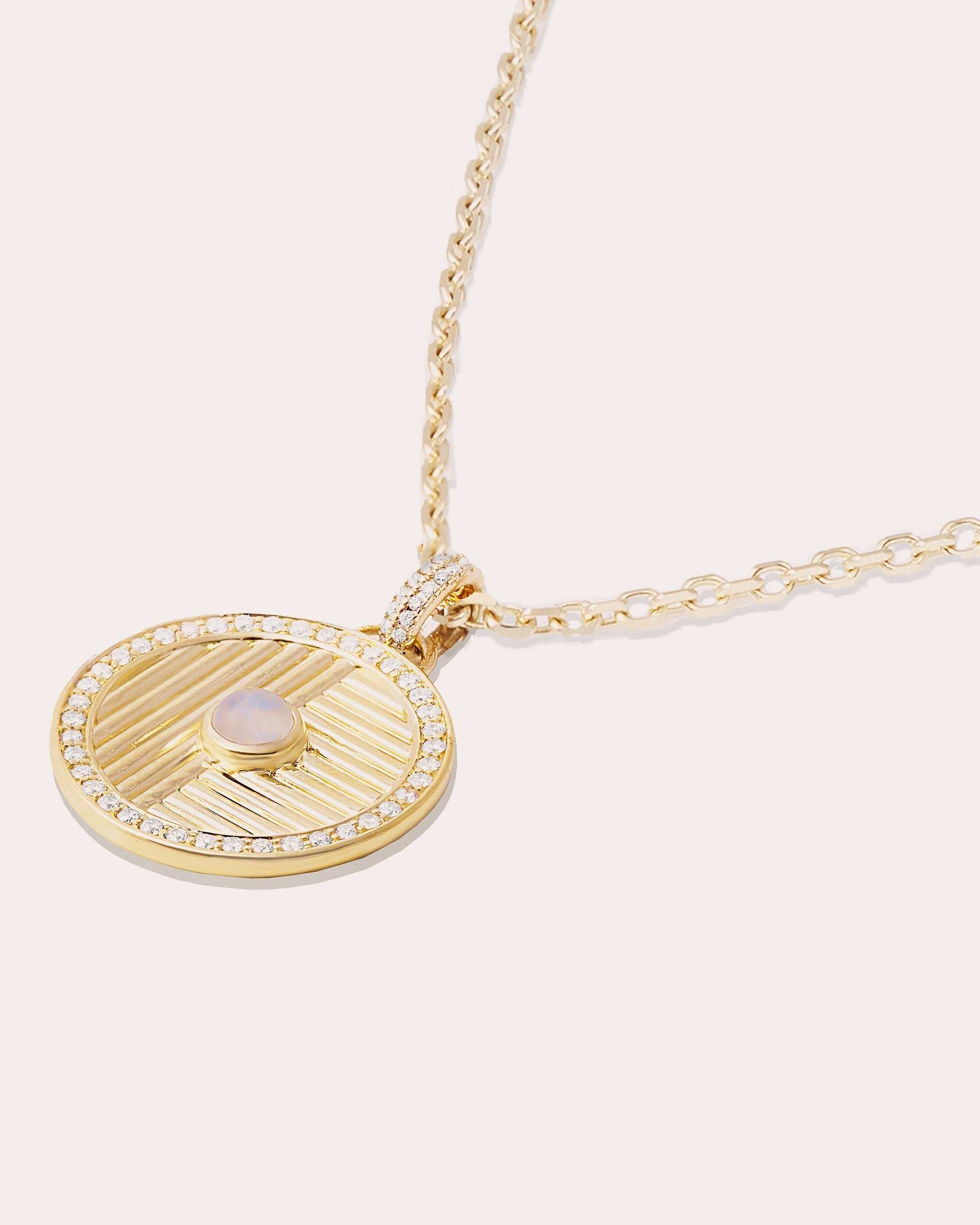 Found Large 14K Gold Moonstone and Diamond Disk Pendant Necklace