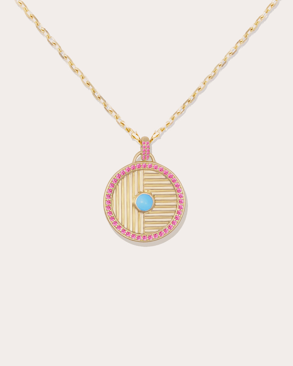 Found Large 14K Gold Turquoise and Pink Sapphire Disk Pendant Necklace