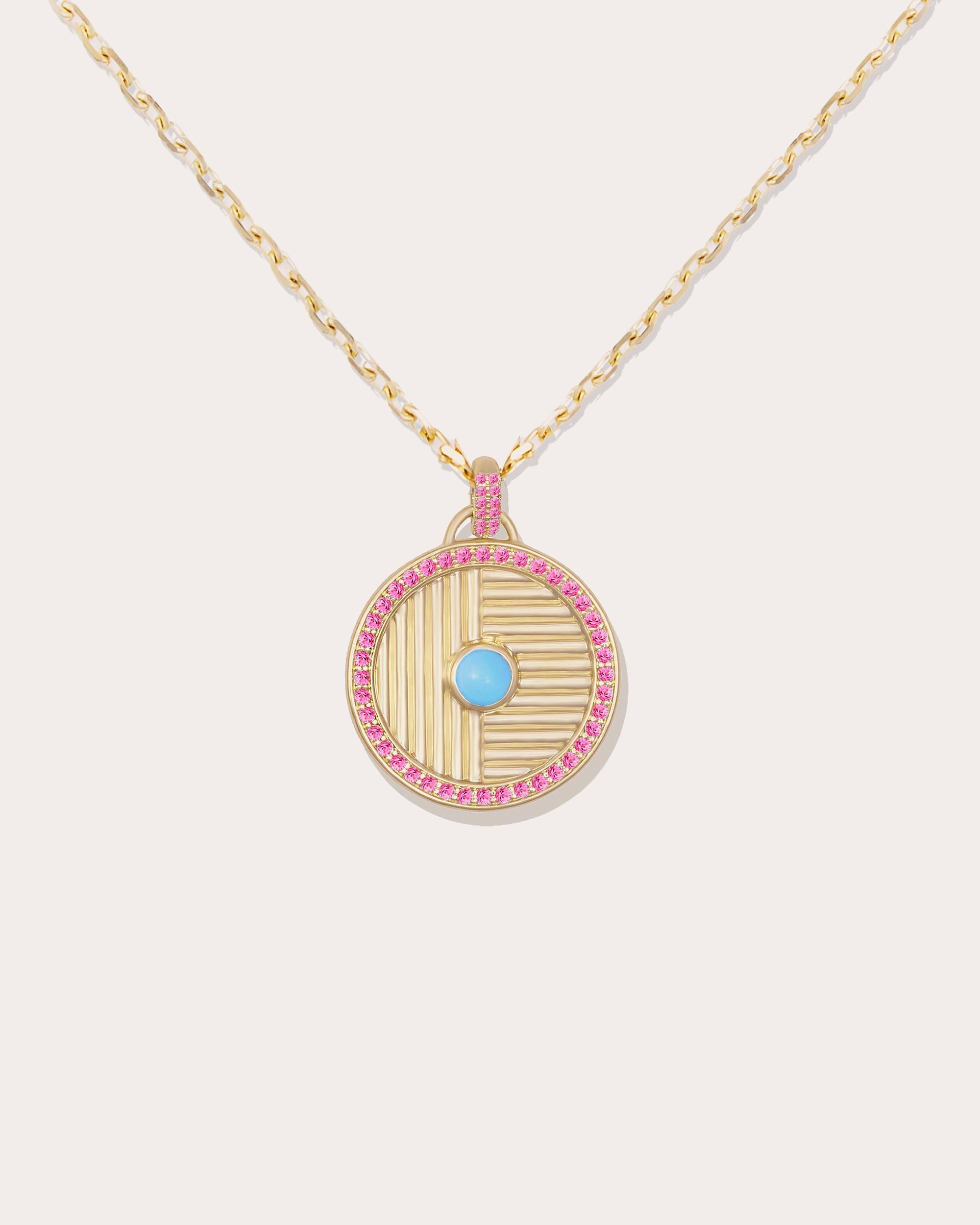 Found Large 14K Gold Turquoise and Pink Sapphire Disk Pendant Necklace