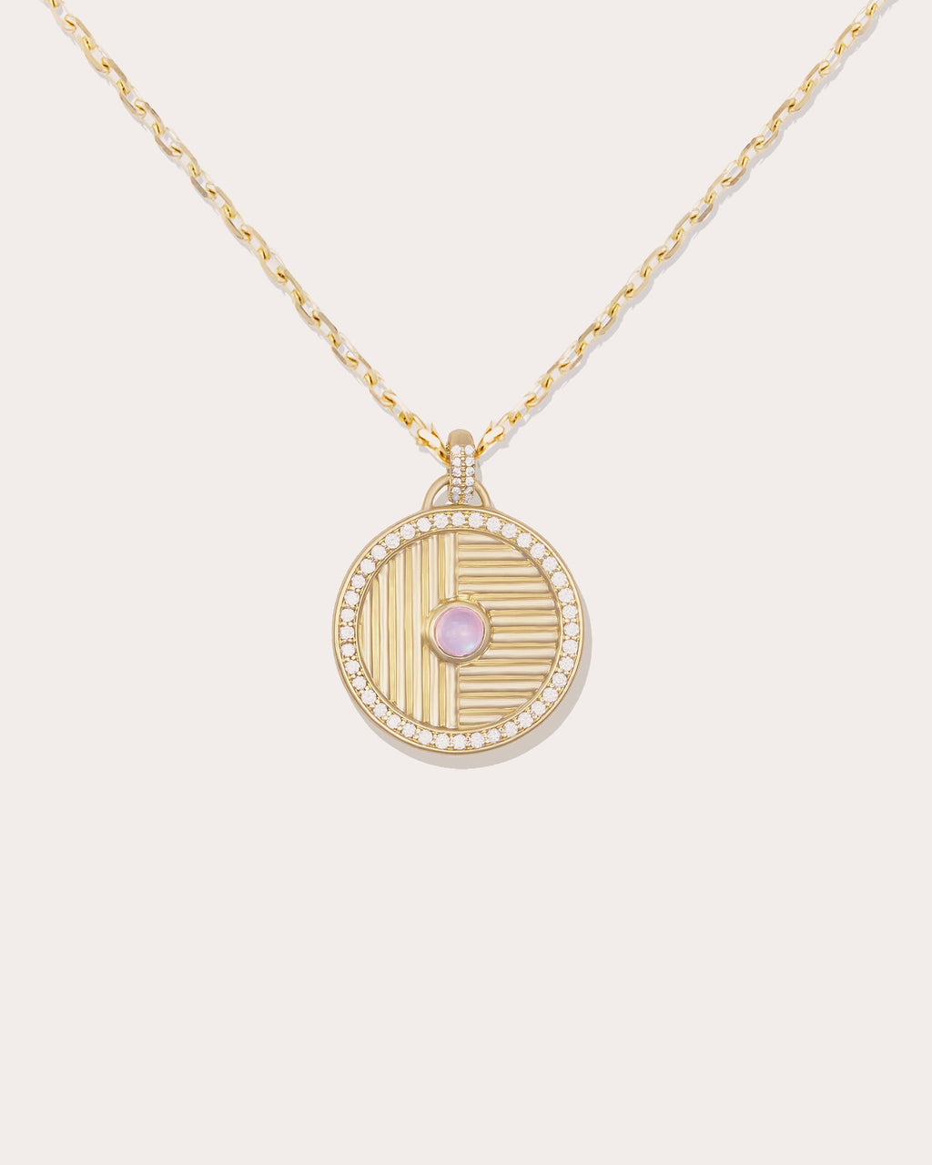 Found Large 14K Gold Moonstone and Diamond Disk Pendant Necklace