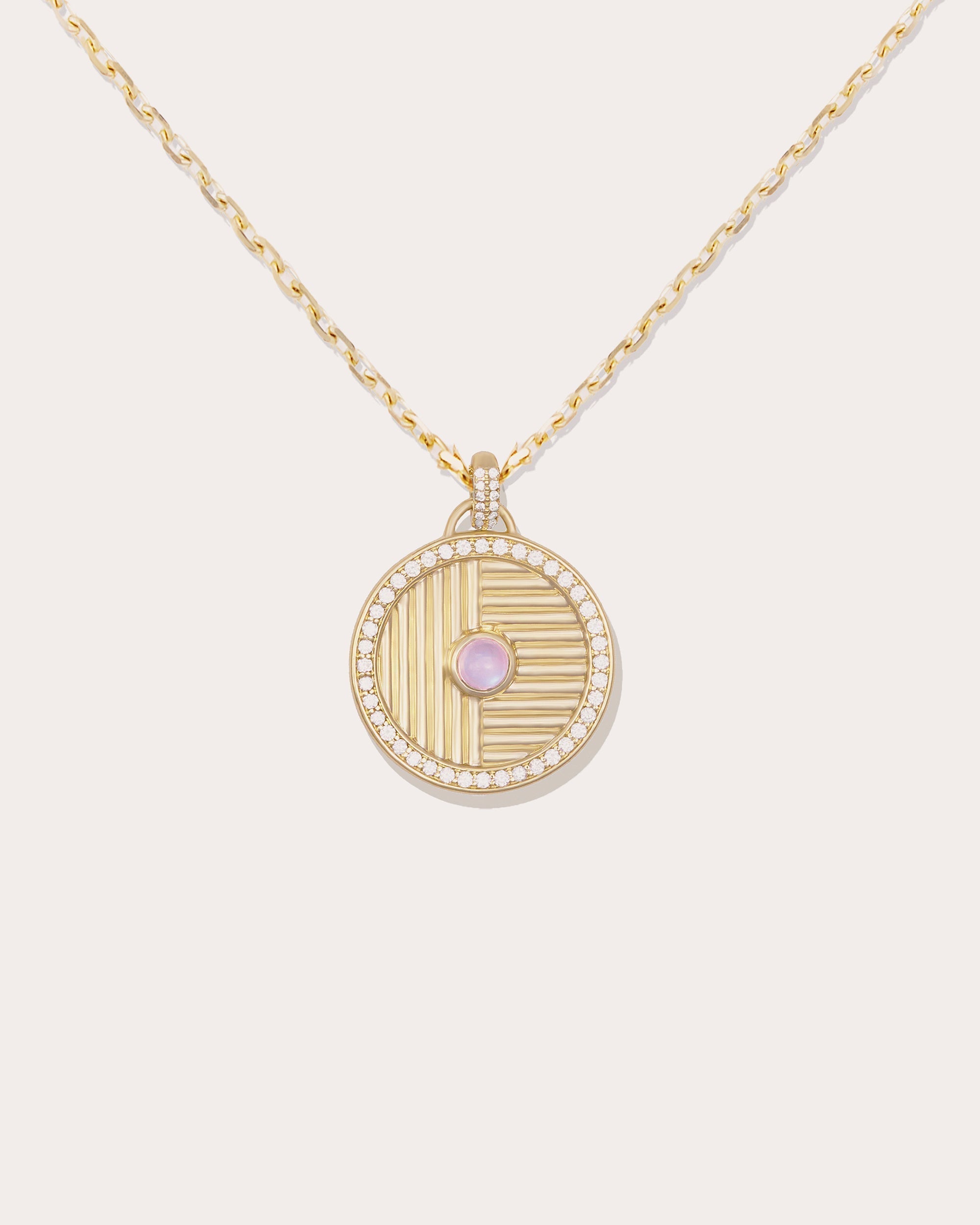 Found Large 14K Gold Moonstone and Diamond Disk Pendant Necklace