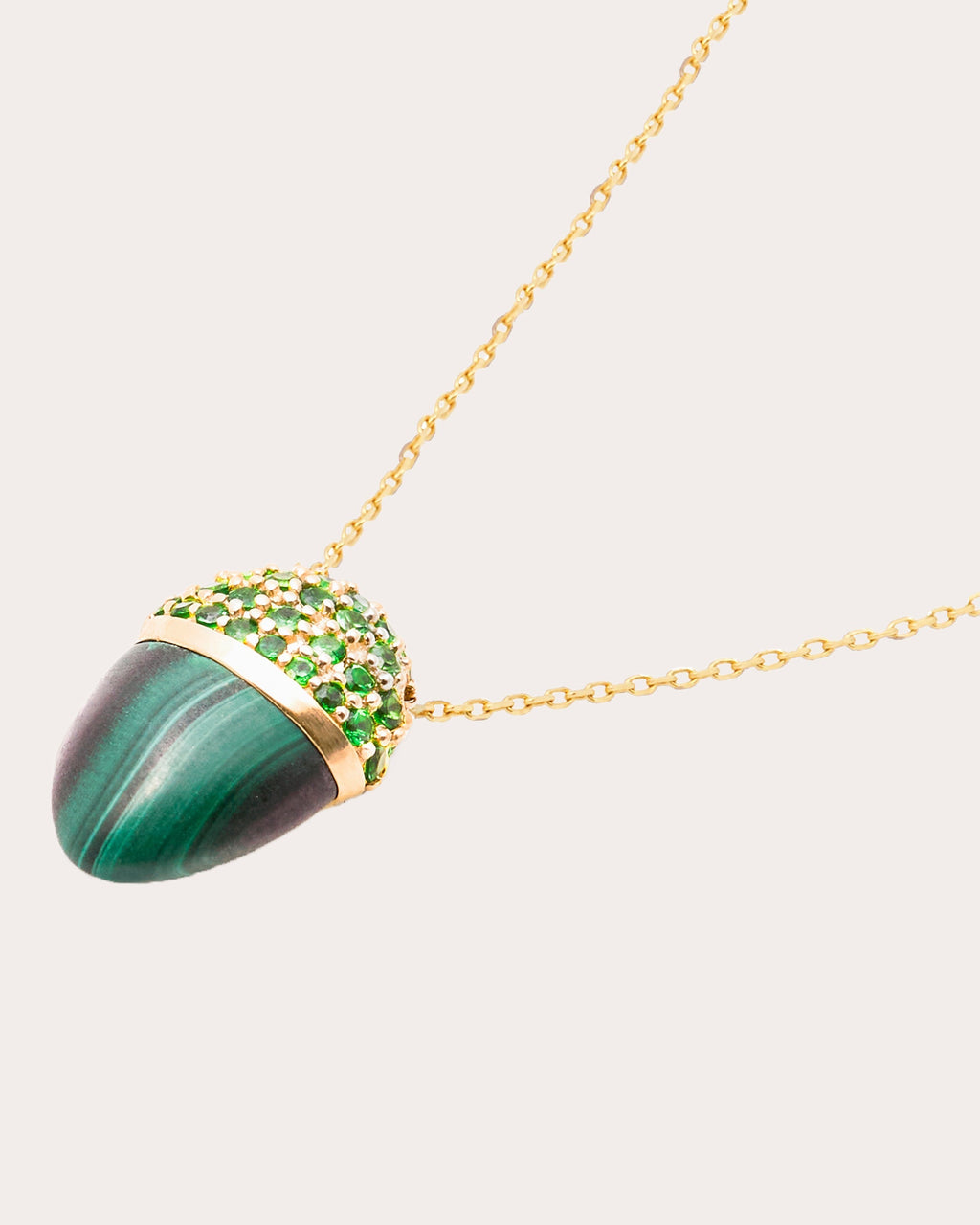 Found Cap 14K Gold Malachite and Tsavorite Pendant Necklace
